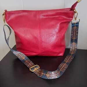 Red Shoulder Bag with Patterned Strap